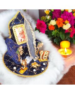 Guruji Darbar Includes Singhasan with Guruji Swaroop Charan Paduka and Gold Plated Butterfly on Teak Wood Base Premium Fabric Color Royal Blue