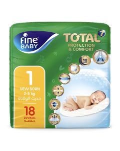 Fine Baby Total 7 Diapers, Size 1 Newborn (2-5 kg), 18 Count – Soft, Absorbent & Leak Proof Baby Diapers
