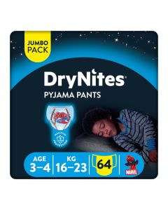 Huggies DryNites Pyjama Pants, 3-5 years, Bed Wetting Diaper, Boy, 16-23 kg, 4 x Jumbo Packs, 64 Pants