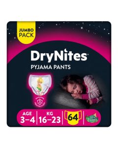 Huggies DryNites Pyjama Pants, 3-5 years, Bed Wetting Diaper, Girl, 16-23 kg, 4 x Jumbo Packs, 64 Pants