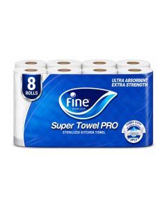 Kitchen Paper Towel Super Pro, Sterilized Tissues For Germ Protection, Half Perforated 60 Sheets x 3 Ply, 8 Rolls White 26.5 x21cm