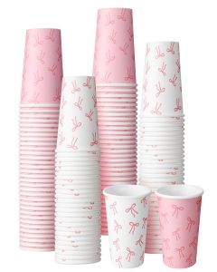 Qinyoung 100 Count Pink Bow Paper Cups 9oz Coquette Pink Coffee Cups Disposable for Bow Birthday Wedding Bridal Baby Shower Classroom Party Supplies