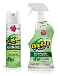 OdoBan ReadytoUse Disinfectant and Odor Eliminator Cleaner and FabricAir Freshener Set of 2 146 Ounce 360Degree Continuous Spray and 32 Ounce Trigger Spray Original Eucalyptus Scent