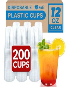 Reli. Plastic Cups 12 oz (200 Pack) / Clear Plastic Cups Disposable / PET Clear Disposable Bulk / 12 oz PET Containers for Iced Coffee, Smoothies, Cold Drinks, Party