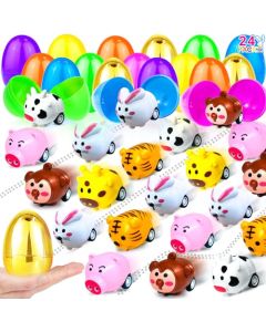 1 Golden Egg 24 Pack Prefilled Easter Eggs with Toys InsideEaster Basket Stuffers Animals Bunny Pull Back Cars Easter Eggs for Kids Boys Girls Toddlers Fillers Surprise Eggs Hunt Party Favor Gifts
