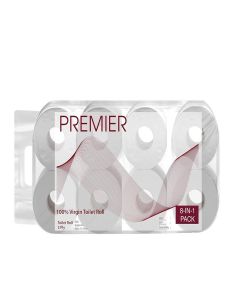 Premier 3 Ply Toilet Tissue Roll (2400 Pulls) / 300 Pulls x 8 Rolls / Biodegradable, Clog Free, Flushable, Easy to Tear / Extra Absorbent Toilet Paper Roll for Home, Office, Bathroom Tissue