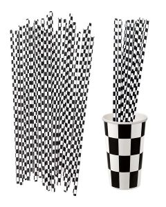 EaciTown 50 Pcs Checkered Flag Paper Straws Racing Car Straws Black and White Checkered Drinking Straws for Racing Birthday Party Decorations