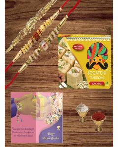 BOGATCHI Rakhi with Sweets for Brother, Traditional Soan Papdi, 400gm with 3 Rakhi + Roli Chawal + Free Rakhi Story Card