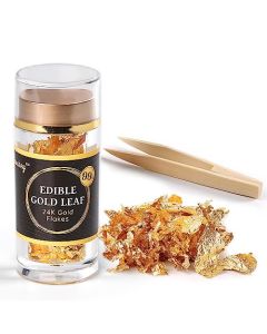 Cobakey Genuine Edible Gold Leaf Flakes 50mg Edible Gold Flakes for Cake Decoration Cupcake Chocolate Steak Drink Cooking PureGold Leaf with Edible Glitter Wooden Tweezers