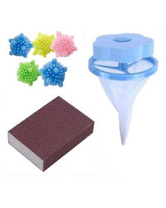 ExcitingDealz Best Cleaning Combo 1Pc Washing Machine Net Filter 5Pcs Solid Reusable Washing Laundry Dryer Ball 1Pc Multipurpose Brown Color Hard Surface Like Sand Paper Scrub Sponge