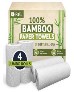 Reli. Bamboo Paper Towels (4 Pack, Jumbo) / Paper Towels Rolls 2 Ply / 125 Sheets/Roll, Full Size Sheets / Unbleached, Organic Rolls for Kitchen, Bathroom / 100% Bamboo