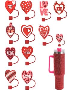 Love Heart Straw Covers 11 Pcs Valentine’s Day Straw Topper Red Pink Heart Straw Tip Protector Cover Reusable Silicone Straw Cover Caps for Wedding Bridal Shower Party Cup Decoration