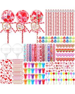 Soulchen 24 Set Valentines Day Gift Set Giant LollipopShaped with Cards Sticker Pencil Eraser Ruler Pencil Sharpener Stamp Ribbon cellophane Glitter Sticky Hands for Party Favors Supplies Prizes