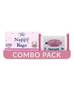 Cool & Cool Nappy Bags 250's- Mildly Scented Diaper Disposable Bags + Baby Wipes 12's - Alcohol Free, Fragrance-Free, Ultra Soft - Combo Pack