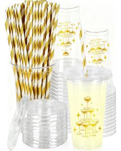 JarThenaAMCS 50Pcs Cheers Plastic Cups with Lids Gold Foil Straws Drinking Cup 12oz Gold Goblet Disposable Cups for Birthday Bachelorette Party