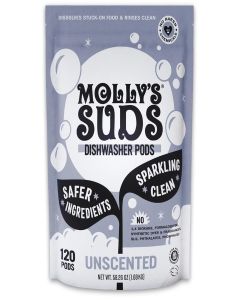 Molly's Suds Dishwasher Pods / Natural Dishwasher Detergent, Cuts Grease & Rinses Clean (Residue-Free) for Sparkling Dishes / 120 Auto-Release Tabs (Unscented)