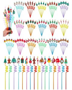 Potchen 80 Pcs Christmas Party Favors Straws Reusable Plastic Straws for Christmas Santa Claus Snowman Xmas Tree Gingerbread Man for Party Favors Supplies Birthday Decoration