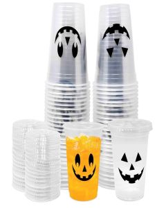 Gift Boutique 50 Pack 16 oz Halloween Disposable Plastic Cups with Lids Pumpkin Face Design Drinking Cup for Cold Drinks Beverage Holiday Party Supplies