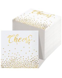 120 Pack Gold and White Cheers Cocktail Disposable Napkins for Bar Wedding Reception Engagement Anniversary Party Birthday Graduation Baby Shower Decorations 45 x 45 In3ply