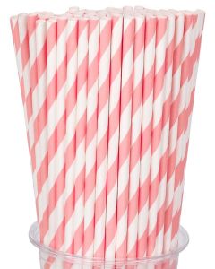 100 Packs Pink Biodegradable Striped Paper Straws, Disposable Drinking Straws for Birthday Carnival Summer Pool Party Wedding Baby Shower Halloween Christmas Party Decoration Supplies