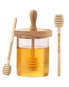 HAPPI STUDIO Honey Pot with Dipper and Lid Glass Honey Jar with dipper honey Dispenser No Drip Honey Container Dispenser Bee Honey Holder Honey Pot Glass Storage 135 oz Wood Lid