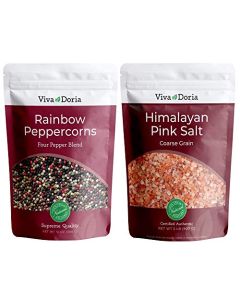 Viva Doria Rainbow Peppercorns Blend 12 oz Himalayan Pink Salt Coarse Grain 2 lb Steam Sterilized Mixed Whole Peppercorns and Coarse Salt for Grinder Refills 2Set Combo Pack