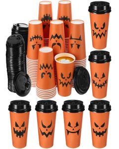 Jingmore 120 Pcs Disposable Coffee Cups with Lids - 12 oz Pumpkin & Jack O Lantern Paper Cups for Halloween Party Decoration & Hot Drinking
