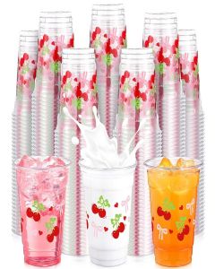 Jingmore 36 Pcs Cherry Bow Plastic Cups 12 oz Red Pink Coquette Bow Heart Clear Disposable Drinking Cups Cherry on Top Party Decoration for Birthday Weddings Bridal Baby Shower Bachelorette Supplies