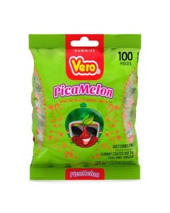 Vero Picamelon Watermelon Flavored Chewy Gummy Treats Coated in Chili Powder 100 Pieces Net Wt 1 Lb 515 Ounces Individually Wrapped Mexican Candy Gummies for Piatas Halloween and More