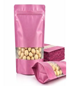 Matte Pink Zip Lock Stand Up Pouches / 16×23.5 cm / 500gm / Pack of 10 / Reusable, Airtight, Leakproof, Self Sealing, Multi-Purpose / Food Storage Transparent Window Polyester Storage Bags
