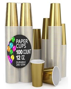 Party Solids Gold Paper Cups 12 oz Durable Disposable Cups 100 Paper Tumblers for Hot Drinks and Cold Drinks Thick 280 GSM Hot Cup for Tea & Coffee Cup To Go Fun Colors for Parties & Events
