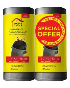 55 Gallons, Pack of 30-Pieces, Size 80*110 cm,(15 Trash Bags X 2 Rolls), Drawstring Garbage Bags Rolls, Bio-Degradable, Bin Liners with Ribbon Neck Tie