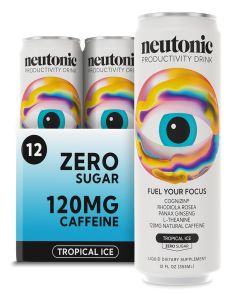 Neutonic Nootropic Productivity Energy Drink / Tropical Ice 12 Cans / 120mg Natural Caffeine, Zero Sugar / Support Memory, Mental Clarity, Cognitive Function / Boost Focus, Energy, Brain Health