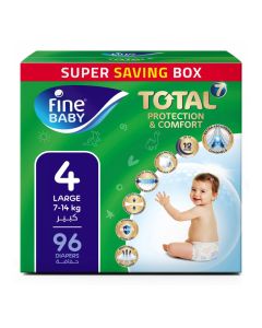 Fine Baby Total 7 Diapers, Size 4 Large (7-14 kg), 96 Count – Soft, Absorbent & Leak Proof Baby Diapers