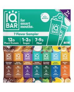 IQ BAR Brain and Body Plant Protein s - 7 Sampler Pack - Low Carb, High Fiber, Gluten Free, Healthy Vegan Snacks - Low Sugar Keto Energy s