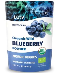 LOOV Wild Blueberry Powder Organic, Wild-Crafted from Nordic Forests, 100% Whole Fruit Bilberry, 15-Day Supply, 91 g, Freeze-Dried and Powdered Blueberries, No Added Sugar