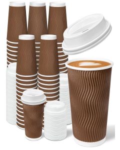 Charmount 100 Pack 12 oz Brown Disposable Insulated Coffee Cups with Lids - Ripple Wall Hot Paper To-Go Cups for Coffee, Tea, Cocoa, and Drinks - For Home, Office, Party