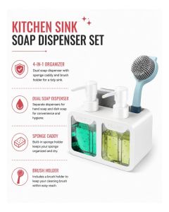 Kitchen Hand Soap and Dish Soap Dispenser Set, Dual Soap Dispenser with Sponge Caddy and Brush Holder 2-in-1 for detergent Kitchen Sink Countertop, Useful Kitchen Gadgets - White
