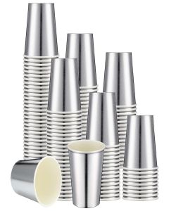 Amyhill 100 Pcs Disposable Silver Drinking Party Paper Cups 9 oz Iridescent Disco Lasering Cups for Hot Cold Drink Tea Coffee Cocktail for Home, Restaurant, Store and Cafe Party Supplies