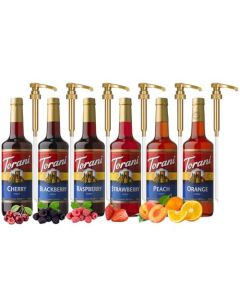 Torani Fruit Syrup Variety 6Pack Strawberry Peach Raspberry Blackberry Orange and Cherry Flavoring for Drinks Pumps Included 254 Oz Ea