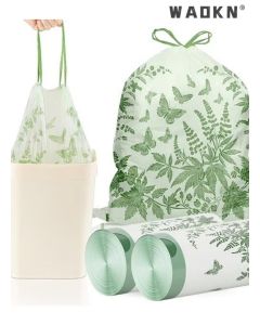 Wormwood Scented Drawstring Garbage Bags,Thickened leak proof portable kitchen mosquito proof drawstring with automatic closure for summer garbage bags 2 Rolls (120 Trash Bags Total)，45 x 45 cm, 8 Gallon, Leak-Proof and Tear-Resistant, Extra Thick PE Mate