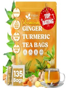 FreshDrinkUS, Premium 135 Ginger Turmeric Tea Bags, 100% Natural Ingredients, Hand-Made Blend of Ginger and Turmeric Herbal Tea, Eco-Conscious Tea Bags. No Sugar, No Caffeine, No Gluten, Vegan.