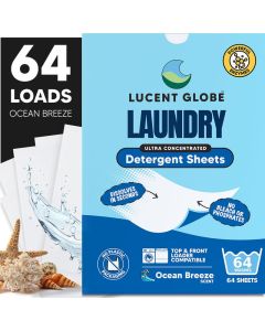 Lucent Globe Laundry Detergent Sheets PreMeasured Laundry Sheets Powerful Stain Removal Works in All Clothes Washers 1 Pack 64 Washes Ocean Breeze