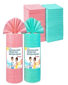 Reusable Paper Towels Washable, 60 Ct/Roll, 2 Pack, Disposable Dish Cloths for Kitchen, Zero Waste Paperless, Odor Free Cleaning Wipes