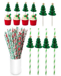 200 Pieces of 3D Christmas Tree Paper Cupcake Decorations, Straws, 3D Christmas Tree Straw Set, Perfect for Decorating Christmas and Birthday Parties