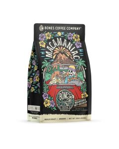 Bones Coffee Company Macamaniac, Macadamia and Coconut Flavored Coffee, Medium Roast Low Acid Arabica Beans Compatible with Auto drip and French Press Coffee Maker, 12 Oz Ground