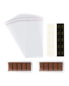Fimary 100 Pcs Knafeh Pistachio Chocolate Wrappers with 100 Pcs Thank You Stickers 25 x 71 Inch Candy Packaging Self Adhesive Small Plastic Wax Melt Snap Bar Bags