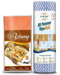 Embuer Reusable Roti Wrap - 12 Pcs (Orange) and Kitchen Cleaning Roll - 80 Pulls / Eco-Friendly, Reusable and washable Roti Wrap and Kitchen cleaning Rolls, Keep Food Fresh, Odourless, Hygienic