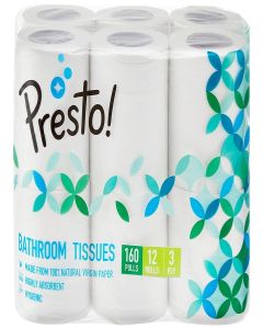 Amazon Brand - Presto! 3 Ply Toilet Paper Roll / 1920 Pulls / 160 Pulls x 12 Rolls / Soft and Highly Absorbent / OBA-Free / Smooth Feel / 100% Natural Virgin Cellulose Fiber