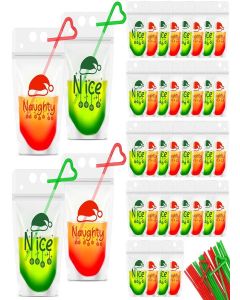 Zhanmai 50 Set Christmas Drink Pouches With Straws - Reclosable Plastic Bags for Adults - Team Naughty Team Nice - Xmas Juice Pouch for Party Supplies